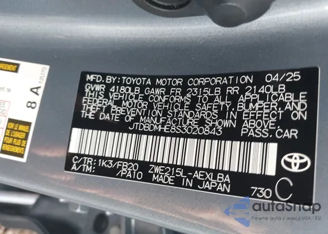 2025 Toyota Corolla Hybrid Le z USA, uszkodzony, nr VIN JTDBDMHE8S3020843